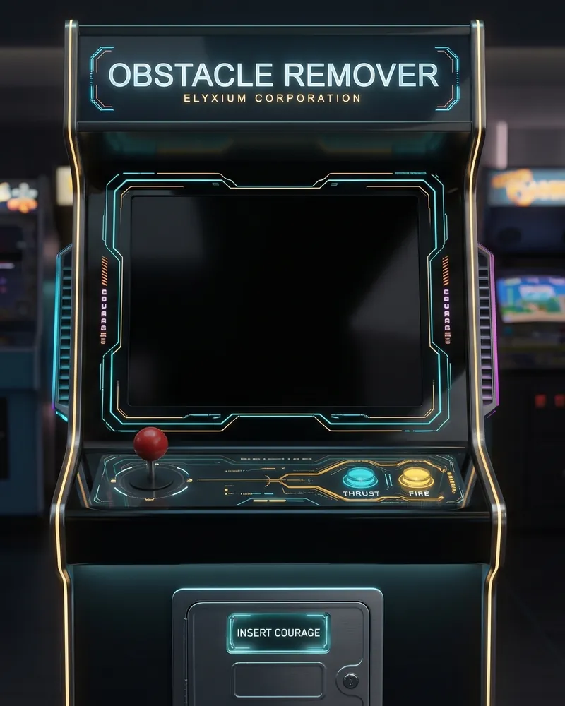 The modern Obstacle Remover arcade cabinet, black glass with glowing edges, in front of older arcade machines