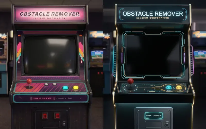 The two Obstacle Remover arcade cabinets side by side: the retro one in pink and teal, and the modern one in black glass with glowing edges.