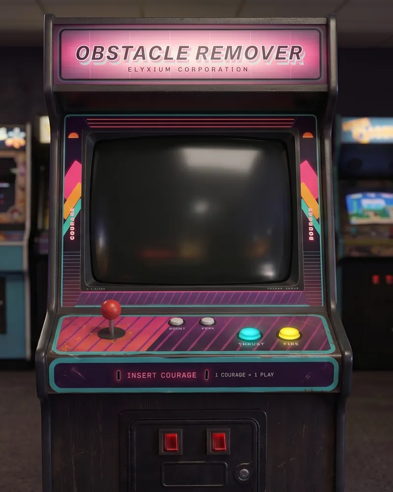 The retro Obstacle Remover arcade cabinet, pink and teal, in a room full of 1980s arcade machines