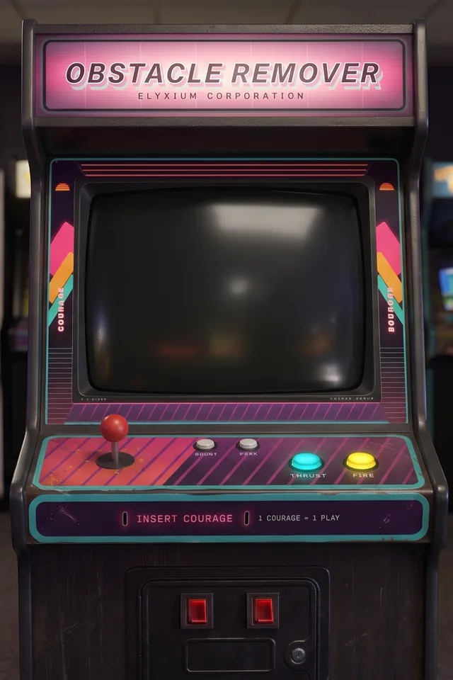 The retro Obstacle Remover arcade cabinet, pink and teal, in a room full of 1980s arcade machines