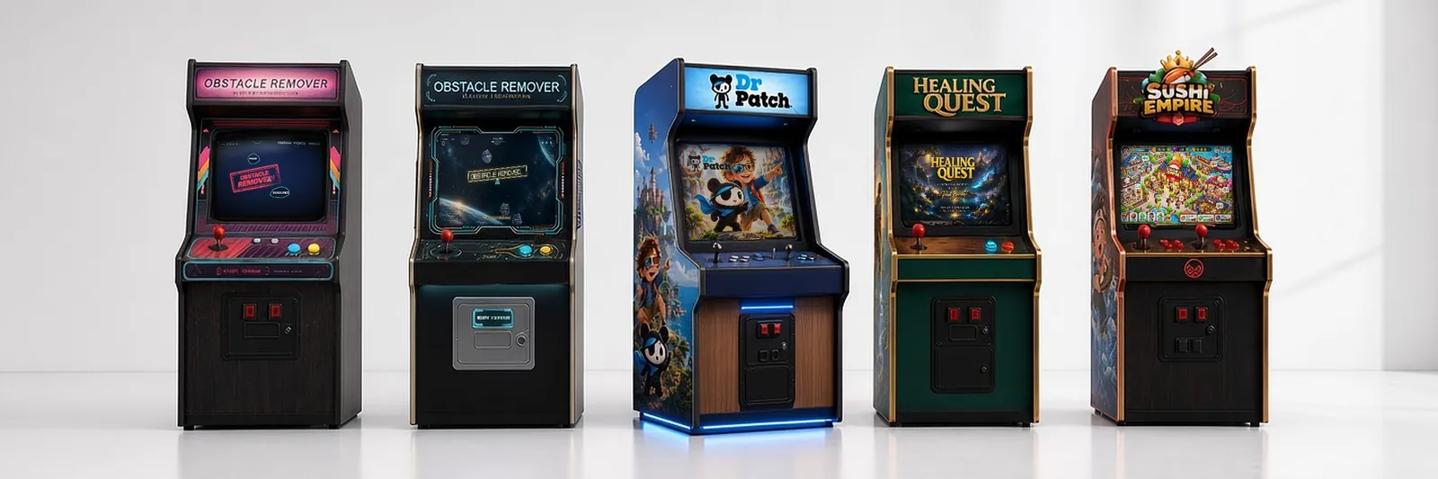 Five arcade cabinets side by side in a bright white room: Obstacle Remover retro, Obstacle Remover modern, Dr Patch, Healing Quest and Sushi Empire
