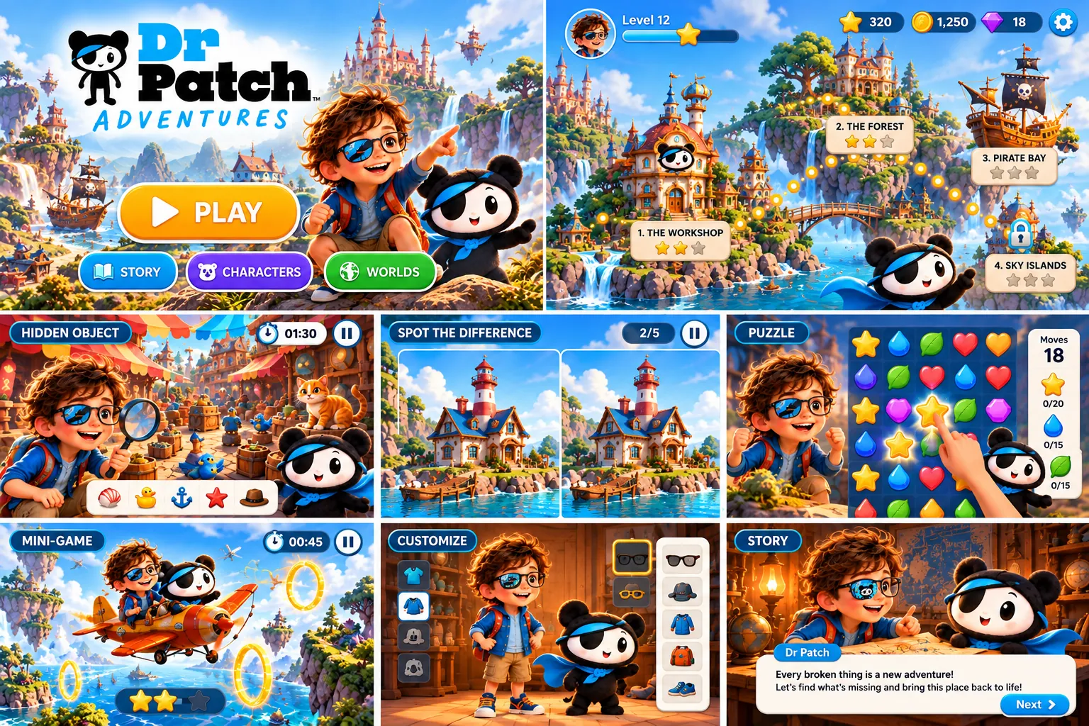 Dr Patch Adventures game concept screens: title screen, world map, hidden object, spot the difference, puzzle, mini-game, customize and story