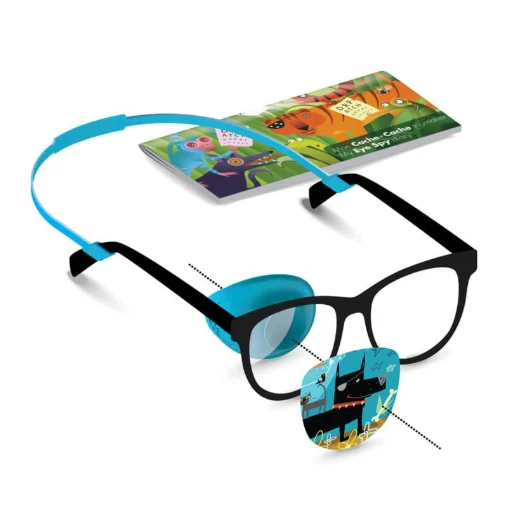 Glasses with a clip-on Dr. Patch, a decorated patch and a Cache-Cache booklet