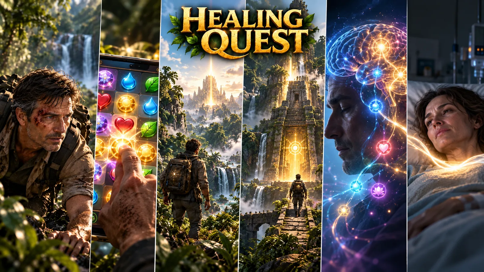 Healing Quest in six panels: a wounded explorer, a match-3 game on a phone, a hiker before a golden temple city, a temple stairway, a mind lit with emotion nodes, and a woman at rest, wrapped in warm light: a moment of connection.