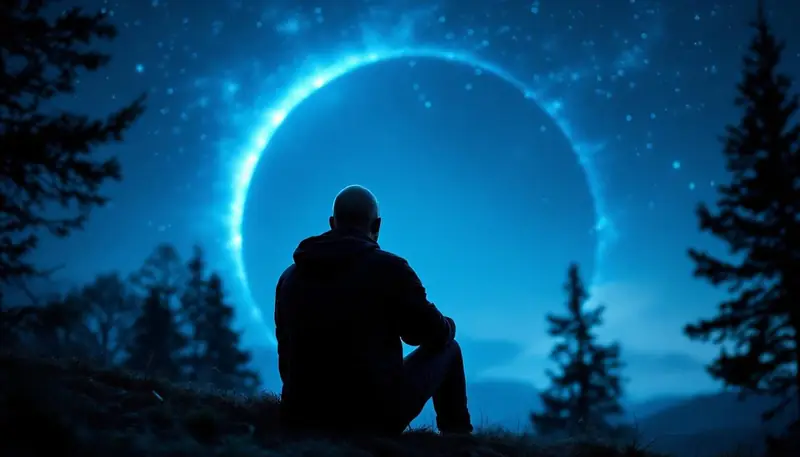 Silhouette d’un homme assis sous un ciel étoilé, devant un grand cercle de lumière