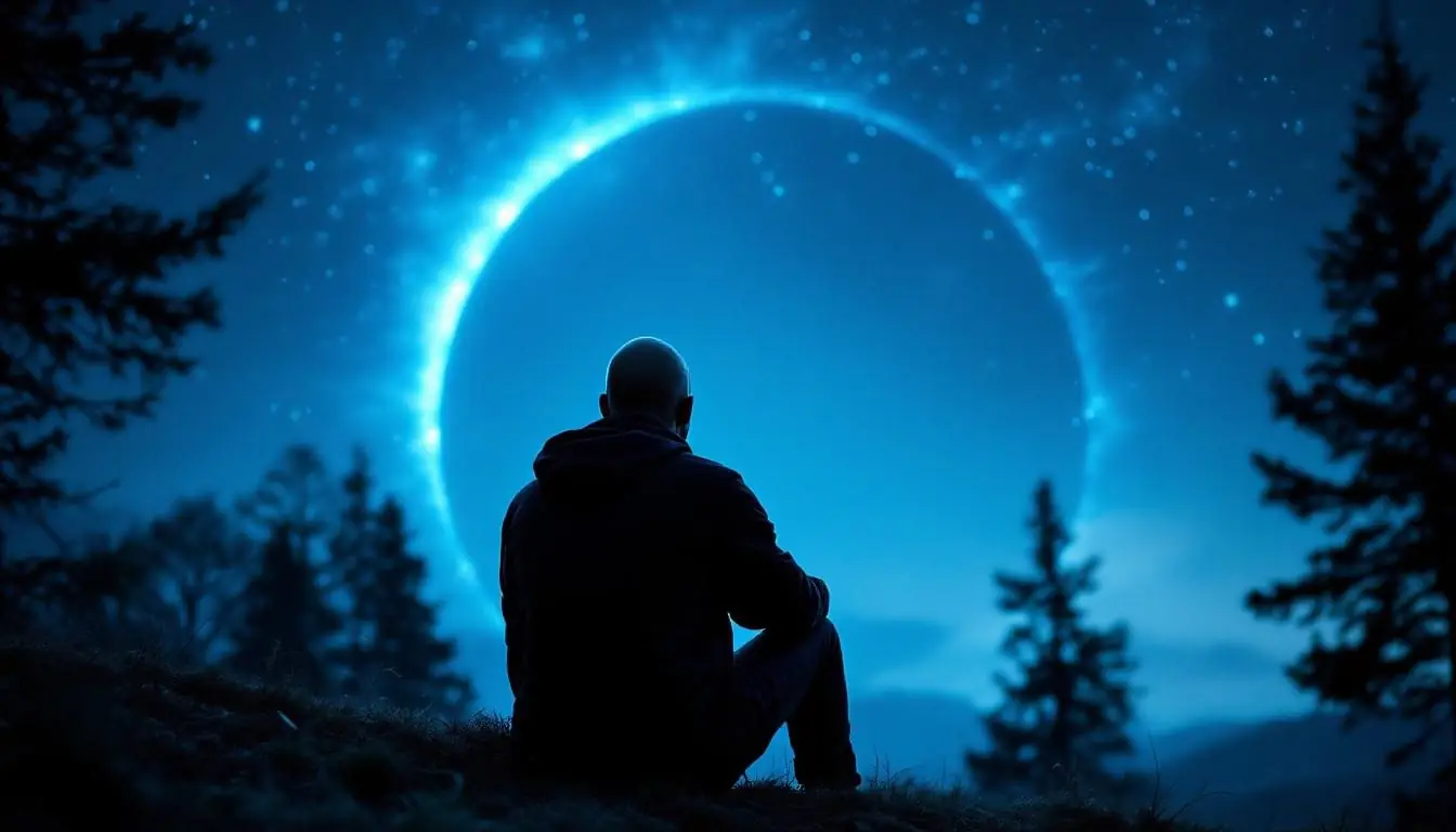 Silhouette d’un homme assis sous un ciel étoilé, devant un grand cercle de lumière