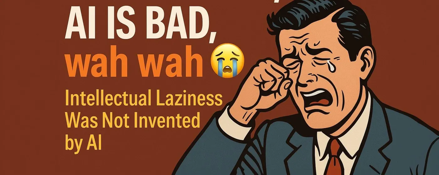 Illustration rétro d’un homme en larmes sous le titre « AI IS BAD, wah wah »
