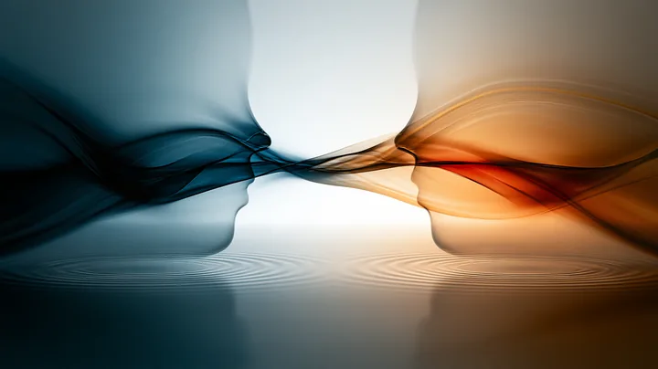Two translucent faces, one blue and one orange, joined by flowing ribbons over rippled water