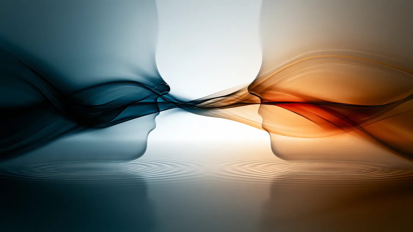 Two translucent faces, one blue and one orange, joined by flowing ribbons over rippled water