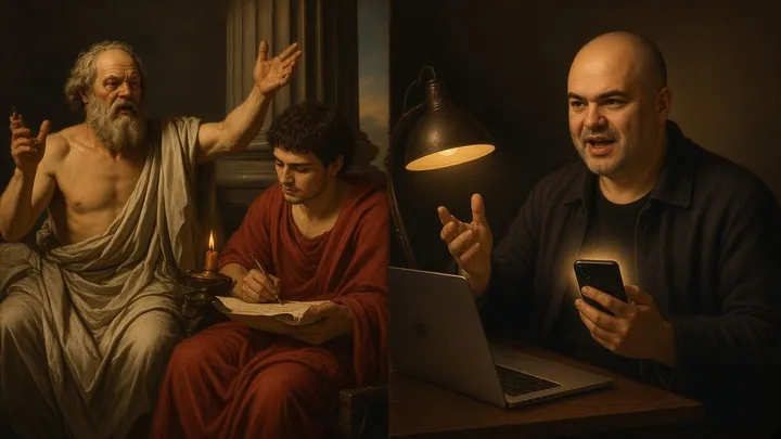 Socrate parle pendant que Platon écrit ; Paul Baraka parle à son téléphone