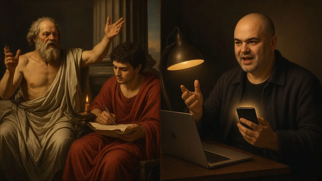 Socrates speaking while Plato writes; Paul Baraka speaking to his phone