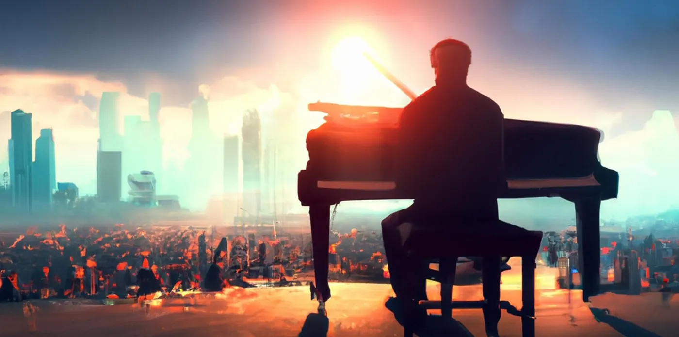 Un pianiste de dos devant une ville baignée de lumière