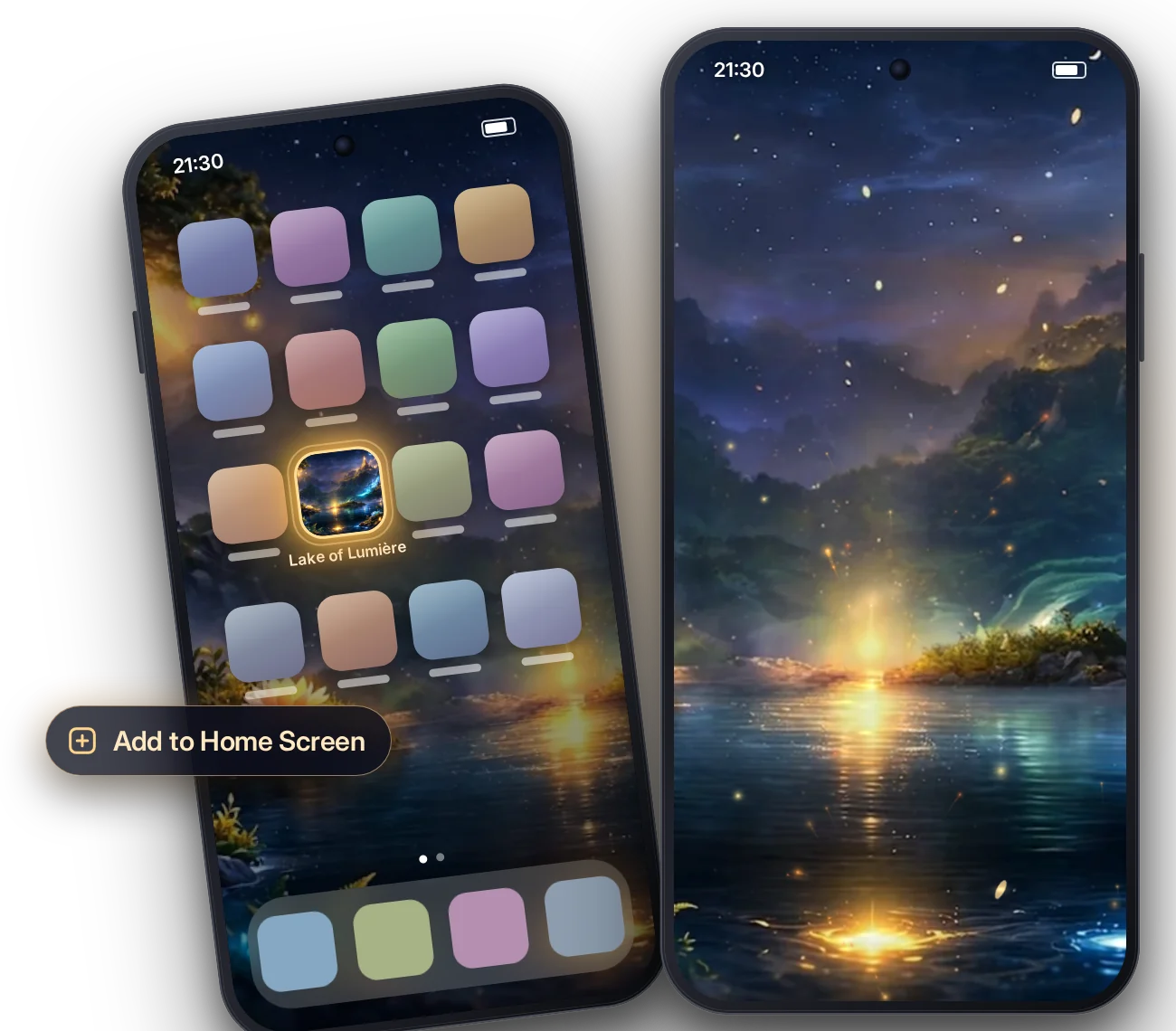 The Lake of Lumière full screen on a phone, next to a Home Screen where its icon glows in gold.